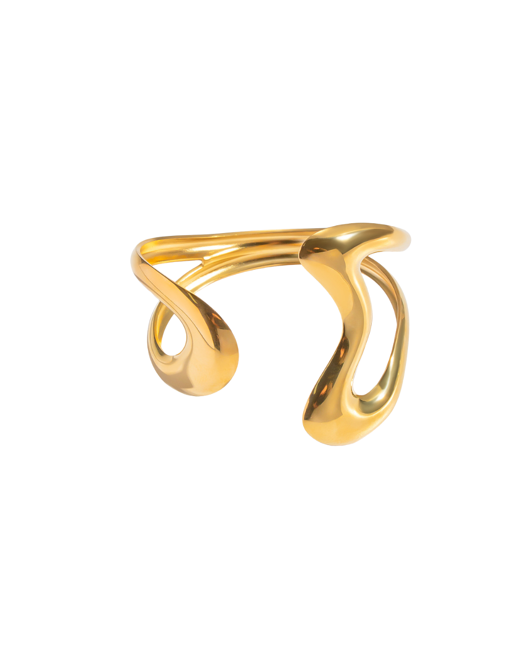 old electroplated stainless steel open bangle bracelet with fluid sculptural line design, displayed on white background — Scilla by Clarabelle