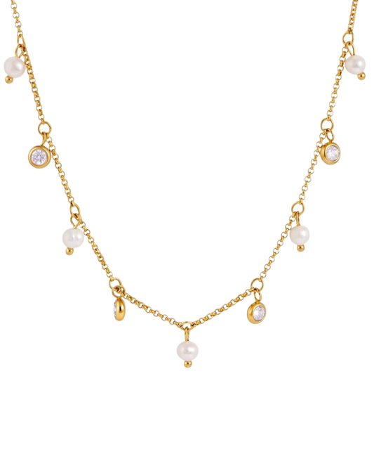 Selene charm necklace by Clarabelle, 18k gold plated with pearl, crystal, and teardrop charms