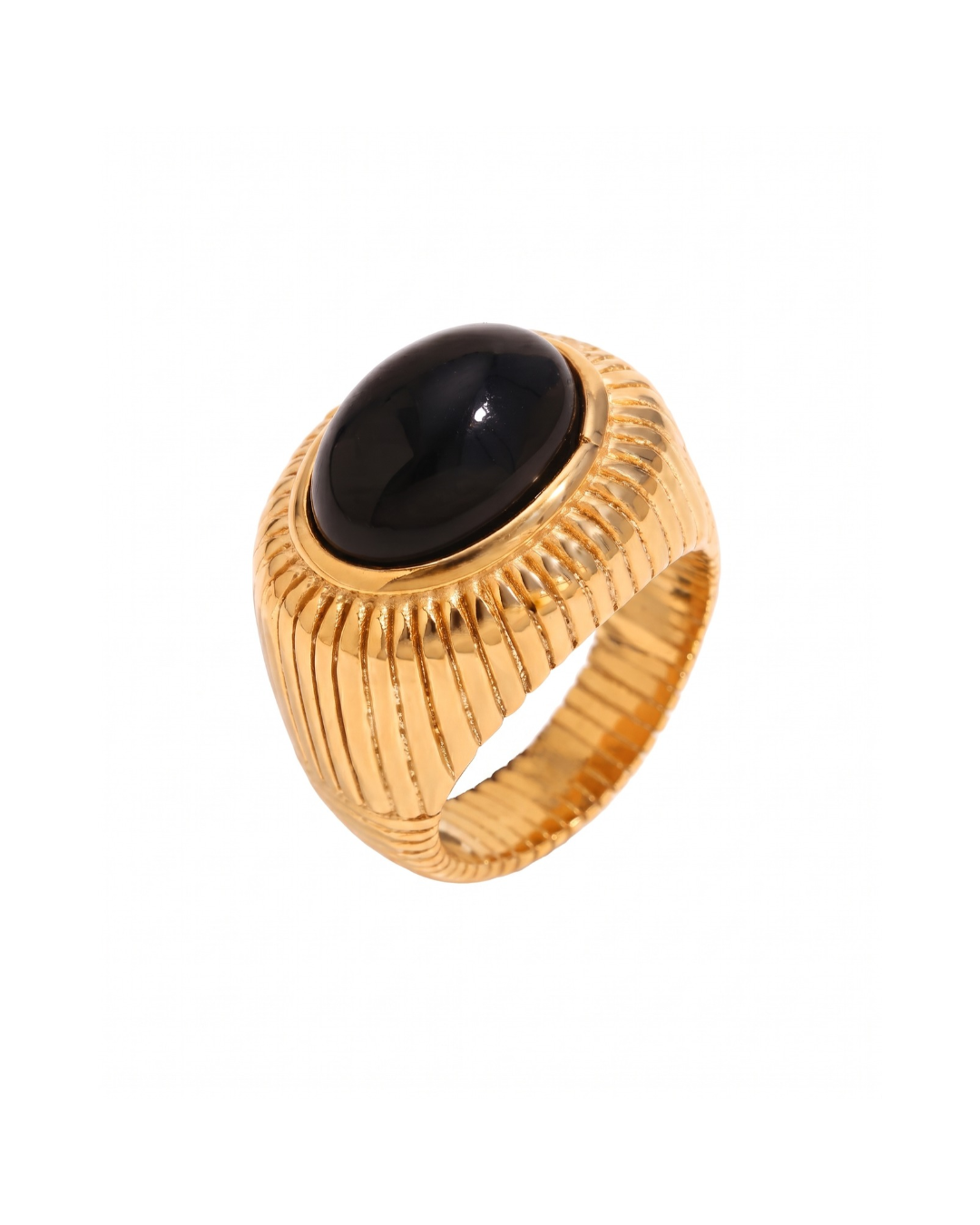 Siena signet ring in gold-tone stainless steel with black onyx cabochon and fluted dome band, laid flat on neutral background