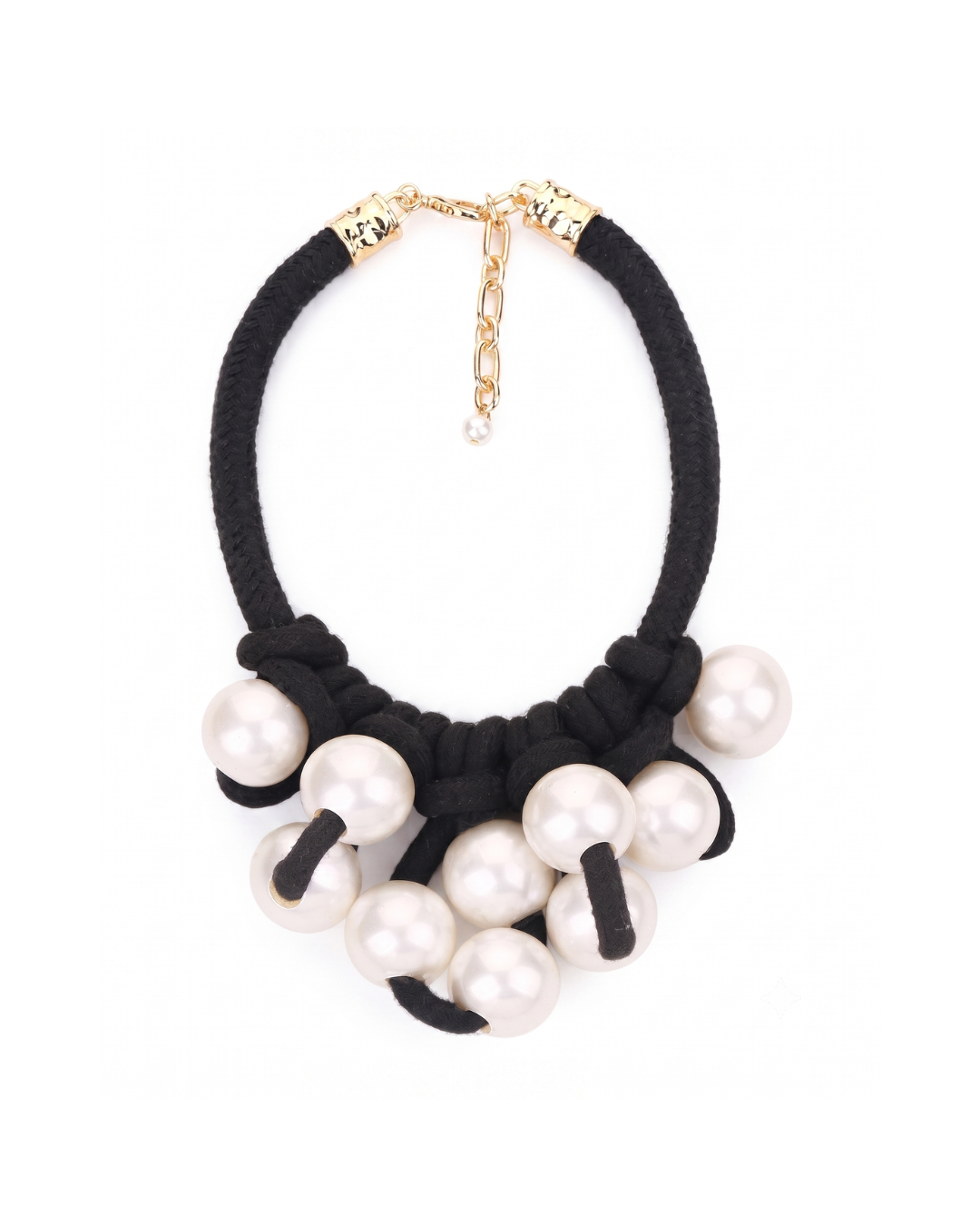 Simone statement pearl necklace by Clarabelle, oversized pearl-effect pendants on braided black cord