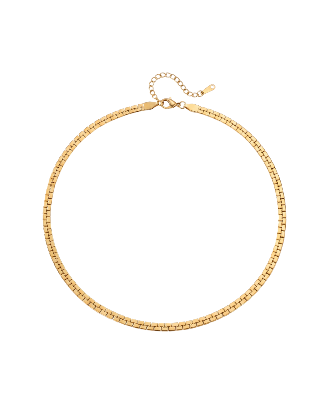 Gold PVD stainless steel flat mesh chain necklace with lobster clasp, displayed on white background — Spello Necklace by Clarabelle