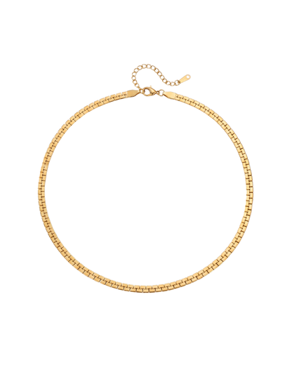 Gold PVD stainless steel flat mesh chain necklace with lobster clasp, displayed on white background — Spello Necklace by Clarabelle