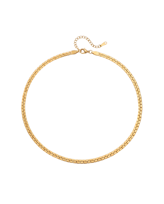 Gold PVD stainless steel flat mesh chain necklace with lobster clasp, displayed on white background — Spello Necklace by Clarabelle