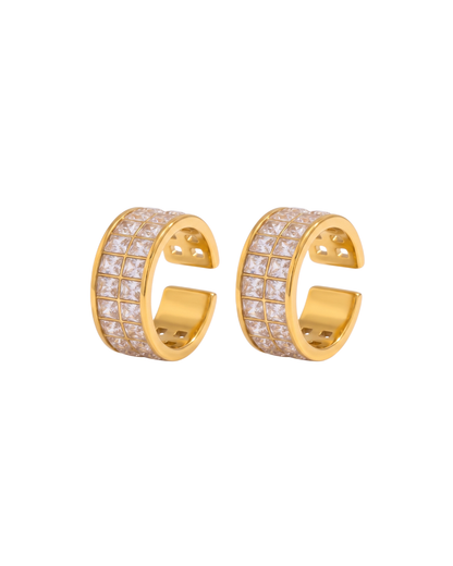 Gold plated stainless steel ear cuff with double row square stone-effect setting, displayed on white background — Sydney Ear Cuff by Clarabelle