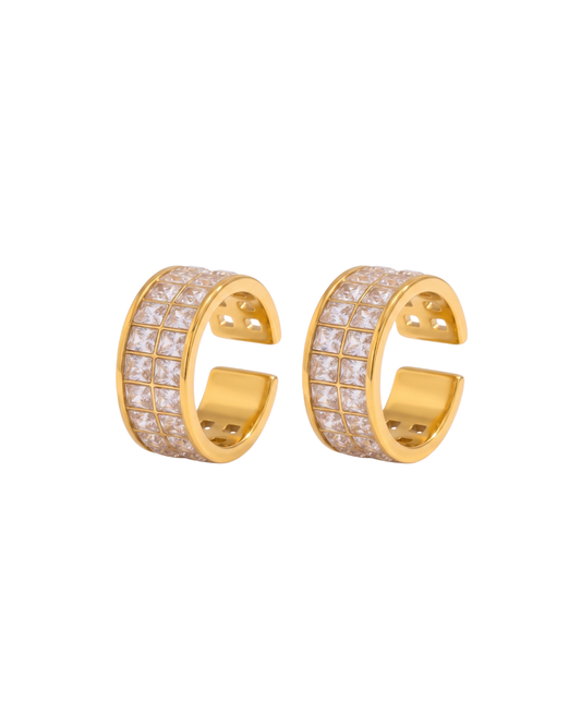 Gold plated stainless steel ear cuff with double row square stone-effect setting, displayed on white background — Sydney Ear Cuff by Clarabelle