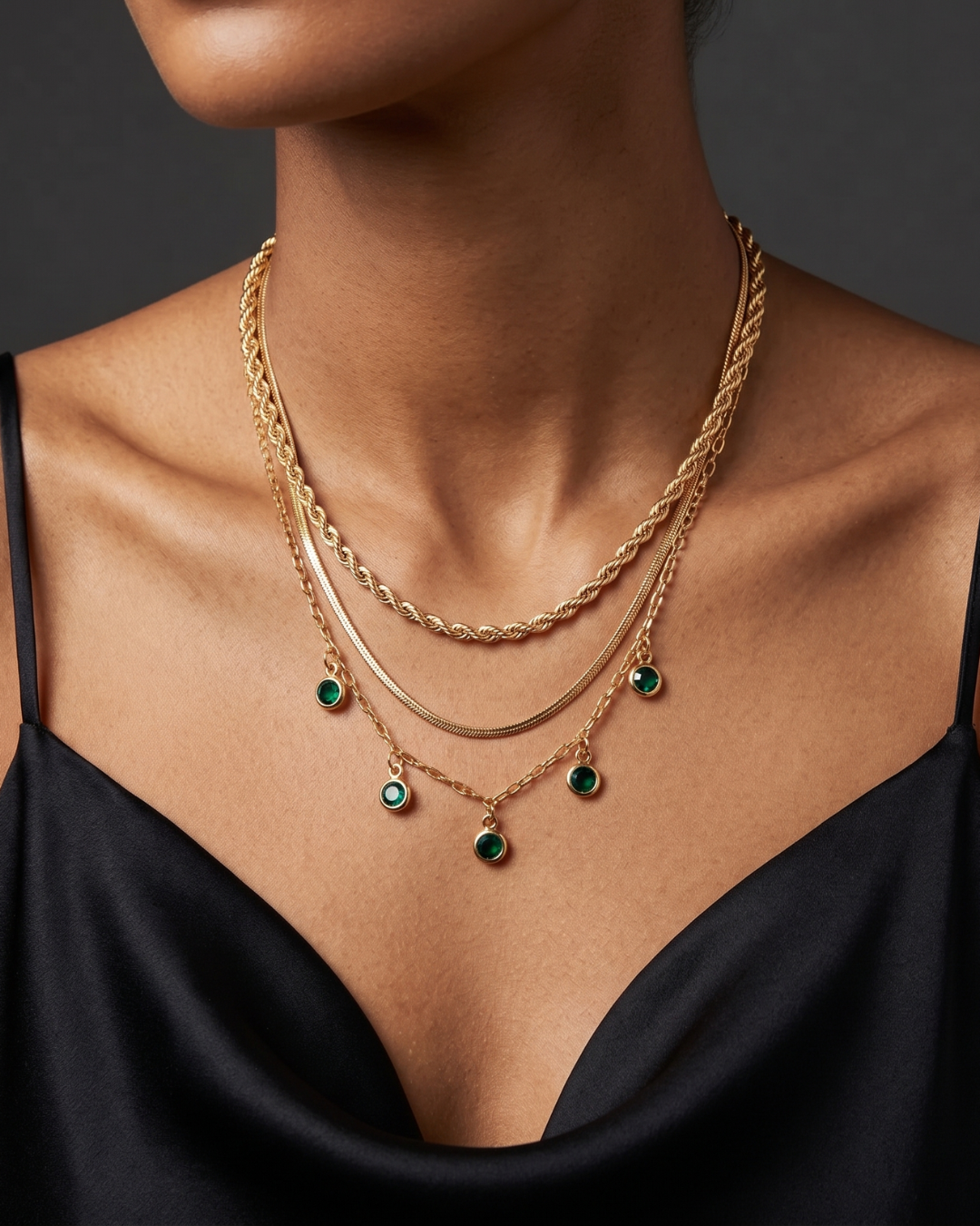 The Cairo Necklace by Clarabelle is where boldness meets refinement. Three gold layers a twisted rope chain, a flat herringbone and a delicate cable chain with five emerald green zircon charms