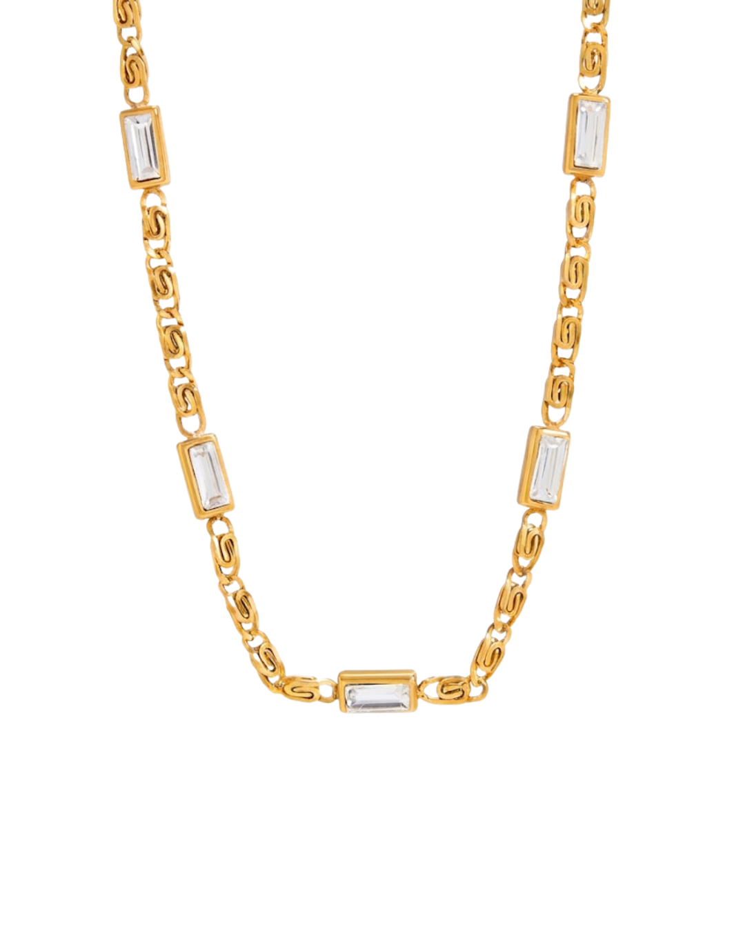 Thea scroll chain necklace by Clarabelle, 18k gold plated with three bezel-set baguette crystal stations
