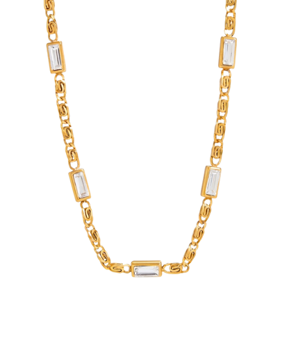 Thea scroll chain necklace by Clarabelle, 18k gold plated with three bezel-set baguette crystal stations