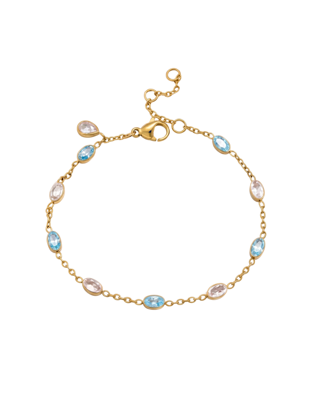 18K gold stainless steel chain bracelet with alternating blue and white oval stone-effect drops and water drop charm, displayed on white background — Tropea by Clarabelle