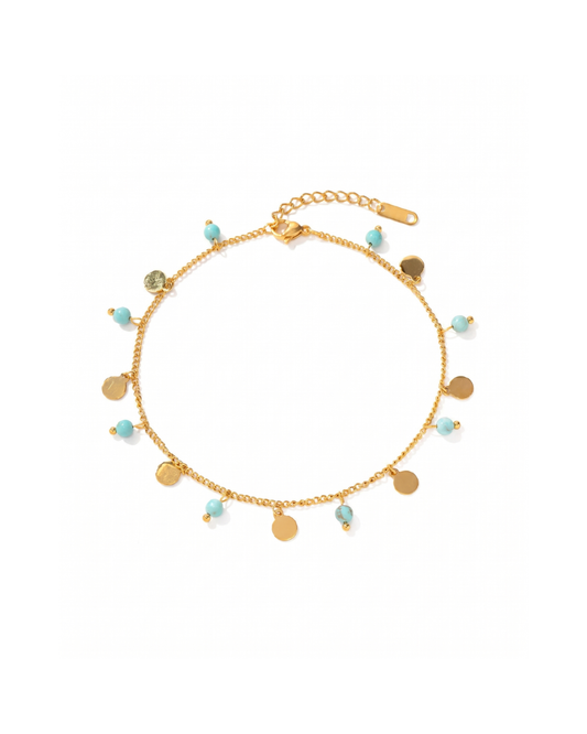 18K gold plated titanium steel chain anklet with turquoise beads and gold coin charms by Clarabelle