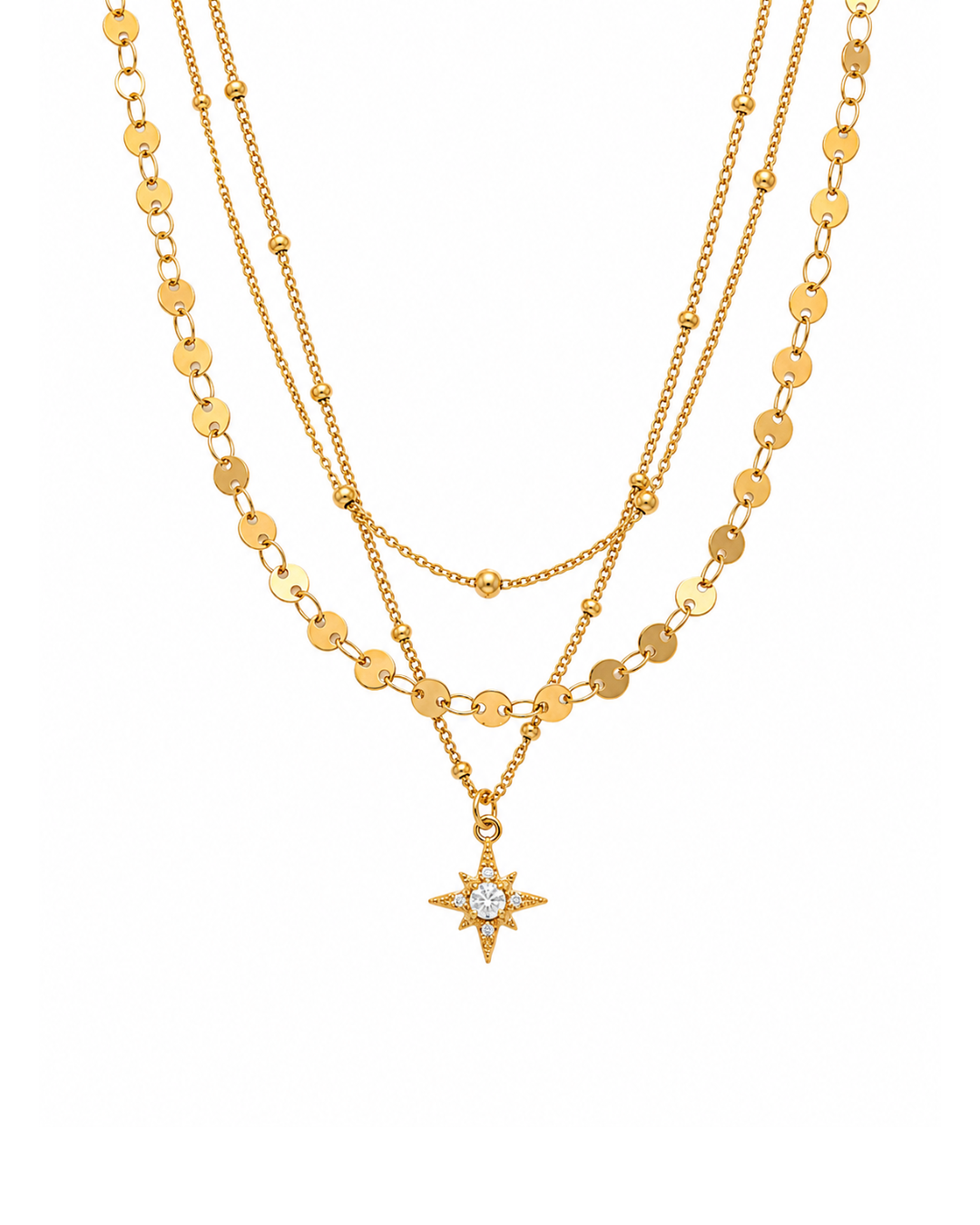 Gold plated stainless steel triple layer necklace with faceted bead chain and octagonal star charm pendant by Clarabelle