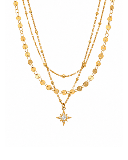 Gold plated stainless steel triple layer necklace with faceted bead chain and octagonal star charm pendant by Clarabelle