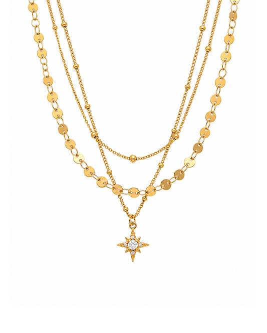 Gold plated stainless steel triple layer necklace with faceted bead chain and octagonal star charm pendant by Clarabelle