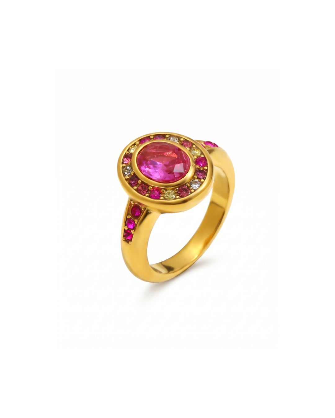 18K gold plated stainless steel ring with pink oval zircon centre stone and multicolour zircon halo by Clarabelle