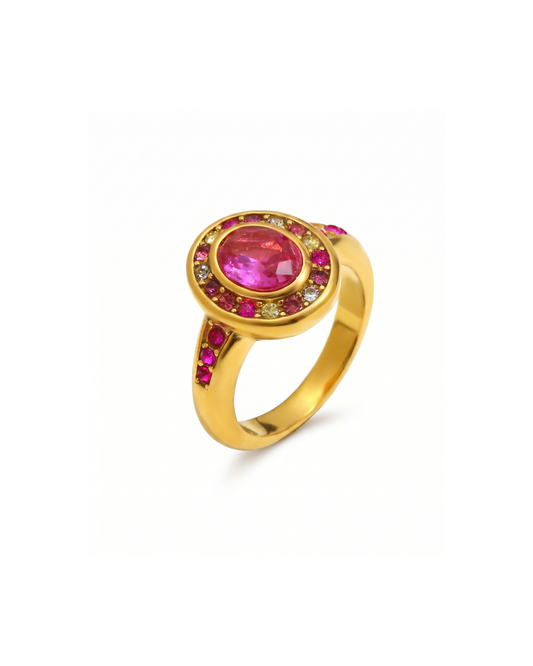 18K gold plated stainless steel ring with pink oval zircon centre stone and multicolour zircon halo by Clarabelle