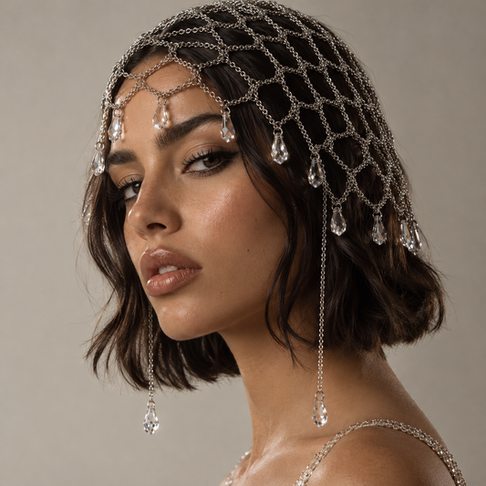 Model wearing the Zelda crystal head chain with the mesh cap over the crown and teardrop drops framing the face