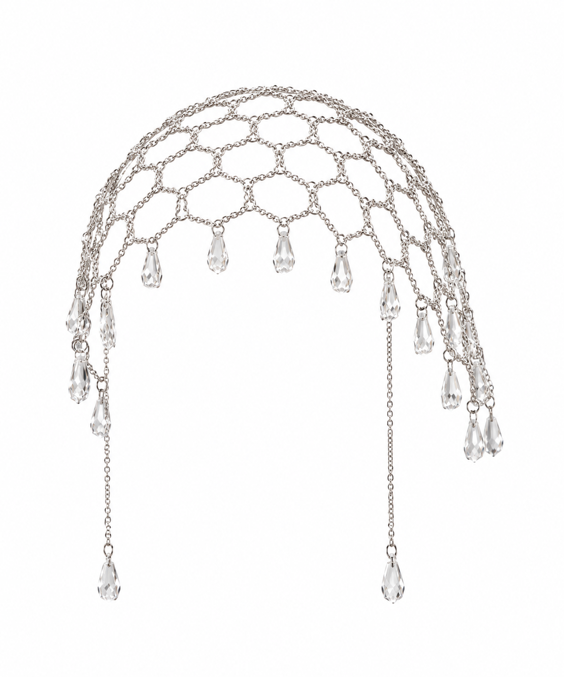 Zelda silver-tone crystal head chain with mesh cap, teardrop drops along the edge, and long chain tassels, laid flat on neutral background