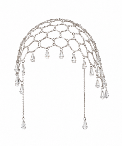 Zelda silver-tone crystal head chain with mesh cap, teardrop drops along the edge, and long chain tassels, laid flat on neutral background