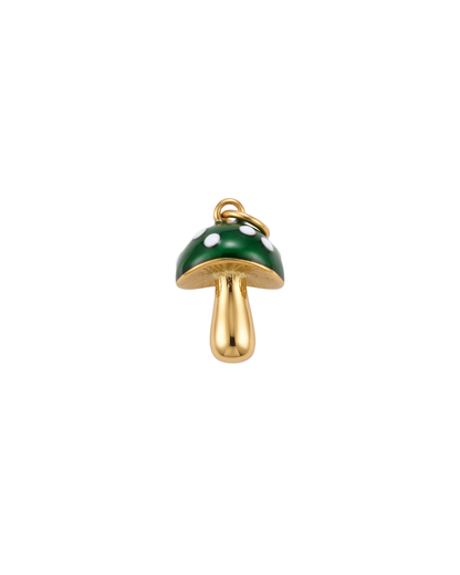 Drip mushroom charm by Clarabelle, 18k gold plated stainless steel with green and white enamel cap and jump ring