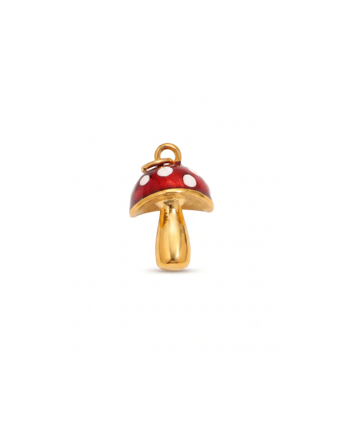 Mushroom charm by Clarabelle, 18k gold plated stainless steel with red and white enamel cap and jump ring