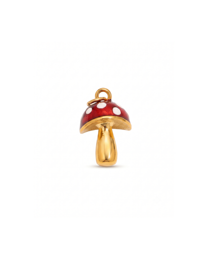 Mushroom charm by Clarabelle, 18k gold plated stainless steel with red and white enamel cap and jump ring