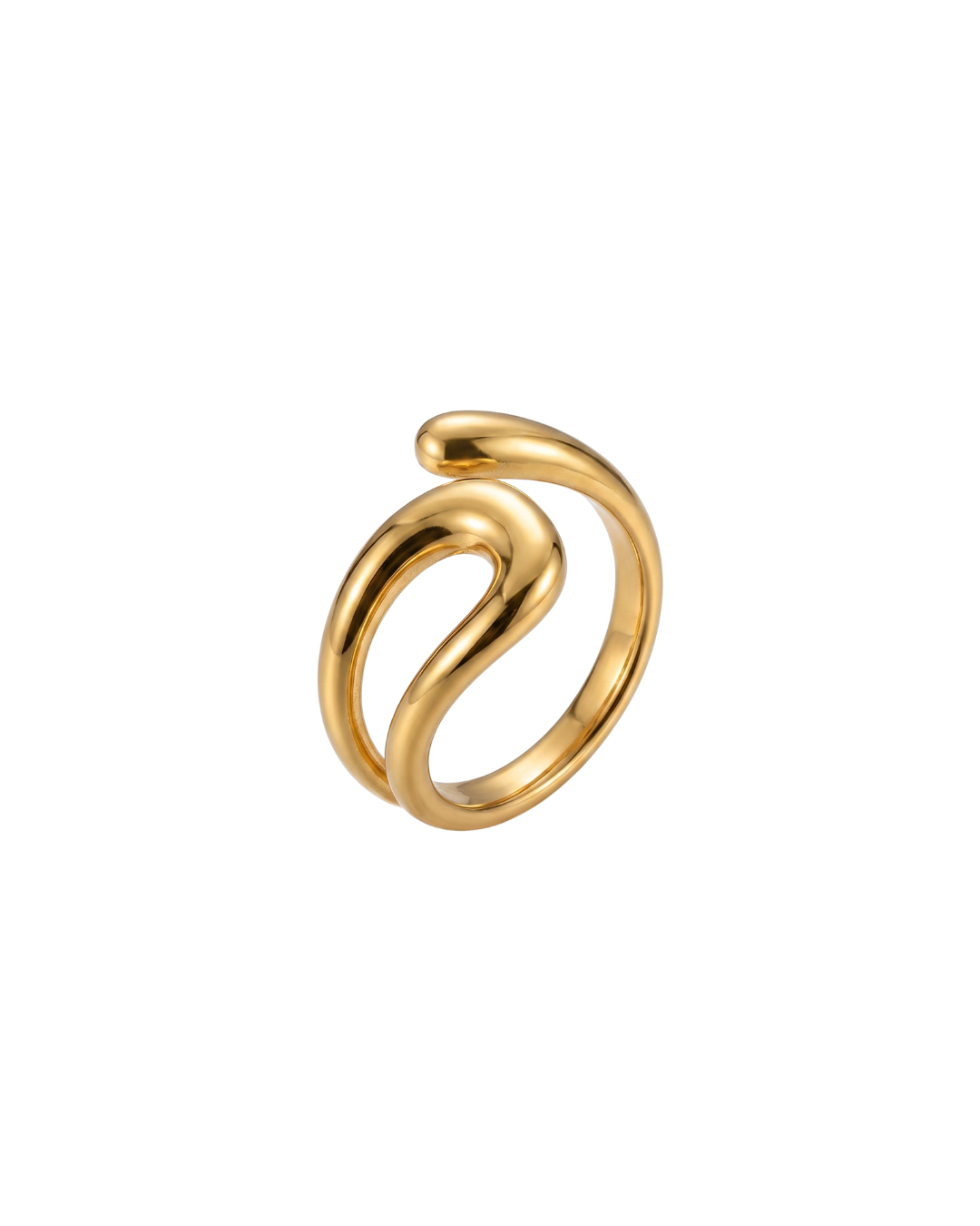 Gold Elara Ring by Clarabelle. A modern, chunky split-band statement ring with smooth rounded curves, made of waterproof stainless steel.