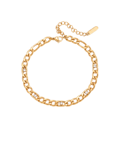 Marcella Figaro chain bracelet by Clarabelle — gold-finished chunky links with bezel-set crystal accents at intervals
